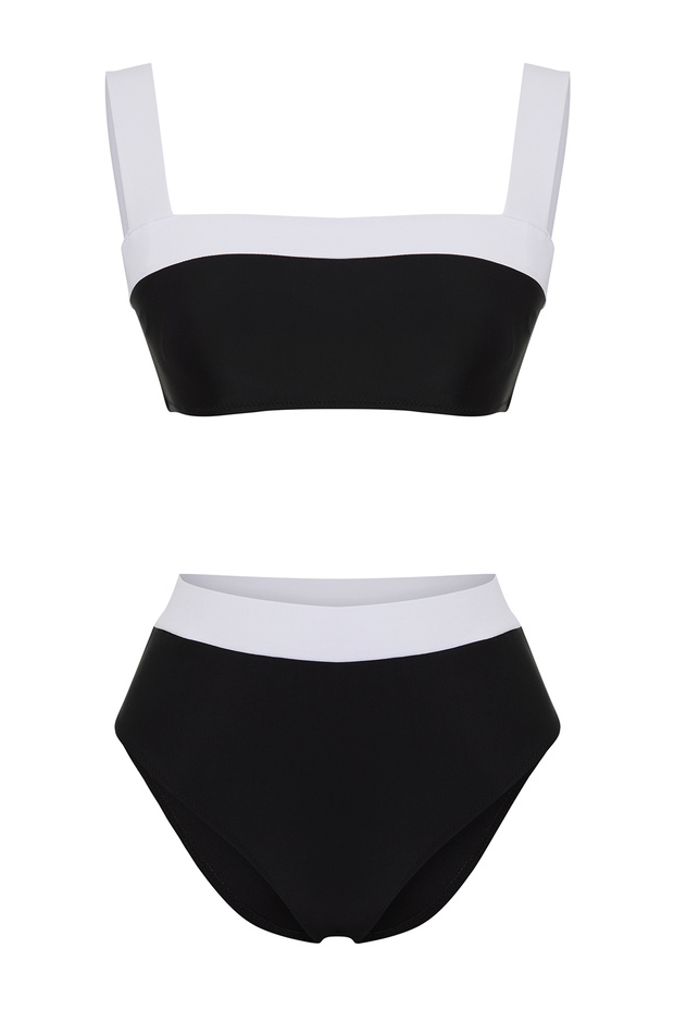 Siyah-Beyaz Renk Bloklu Biyeli Bralette Kaplı Hipster Yüksek Bel Bikini Takımı TBESS25BT00062 - 5