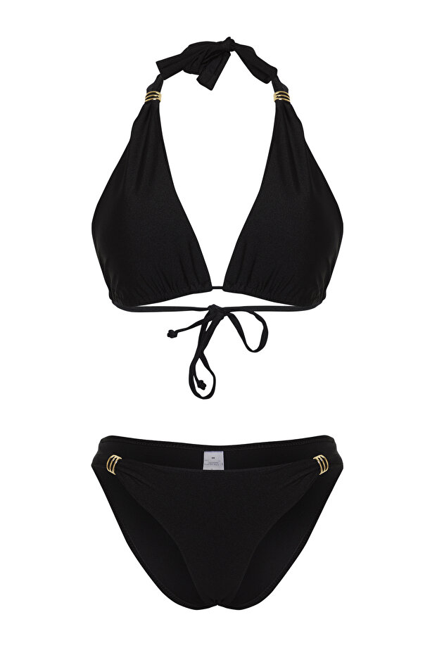 Siyah Aksesuarlı Üçgen Kaplı Regular Düşük Bel Bikini Takımı TBESS25BT00012 - 6