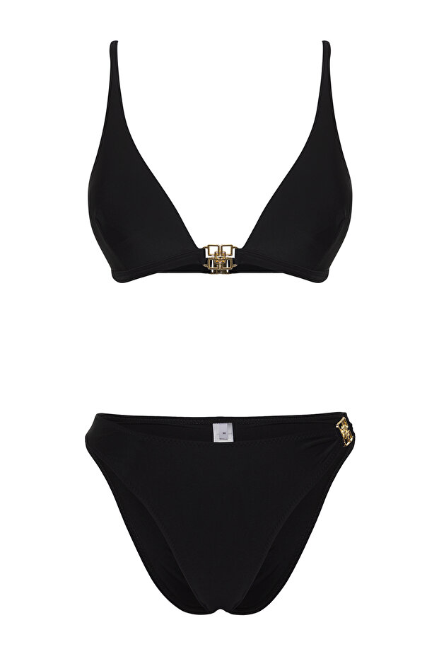 Siyah Aksesuarlı Üçgen Kaplı Regular Düşük Bel Bikini Takımı TBESS25BT00008 - 5