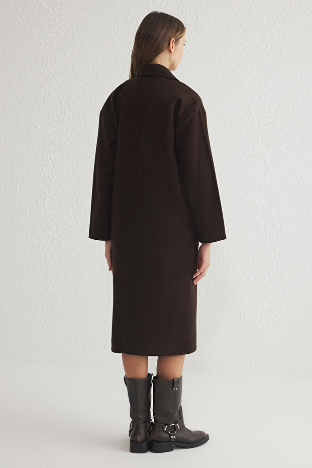 Barna Oversize széles szabású hosszú gyapjú kabát TWOAW21KB0038 - 2