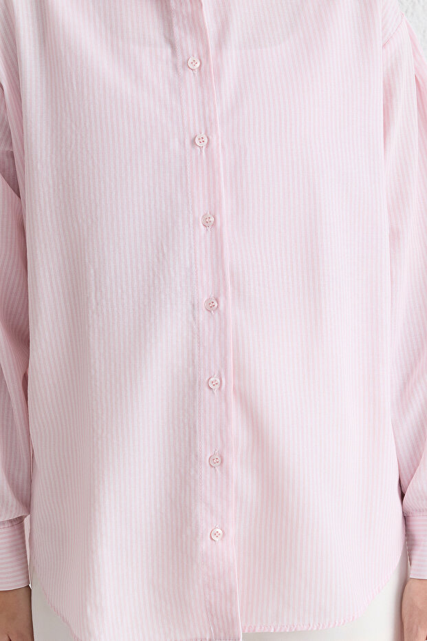 Açık Pembe Basic Çizgili Oversize Geniş Kalıp Dokuma Gömlek TWOSS23GO00144 - 4