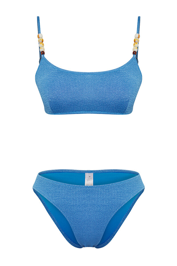 Mavi Aksesuarlı Bralette Kaplı Regular Normal Bel Bikini Takımı TBESS25BT00057 - 5