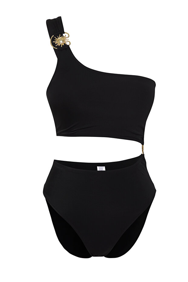 Siyah Tek Omuz Döküm Aksesuarlı Cut Out Detaylı Regular Mayokini TBESS25MA00046 - 5