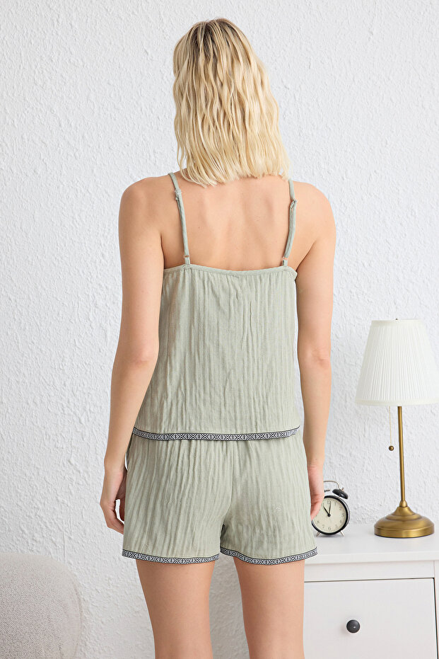 Yeşil %100 Pamuklu Etnik/Bohem Şerit Aksesuarlı Müslin Şortlu Dokuma Pijama Takımı THMSS25PT00135 - 5