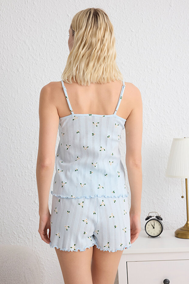 Mavi %100 Pamuklu Çiçekli Pointel Ajurlu/Delikli Şortlu Örme Pijama Takımı THMSS25PT00082 - 5
