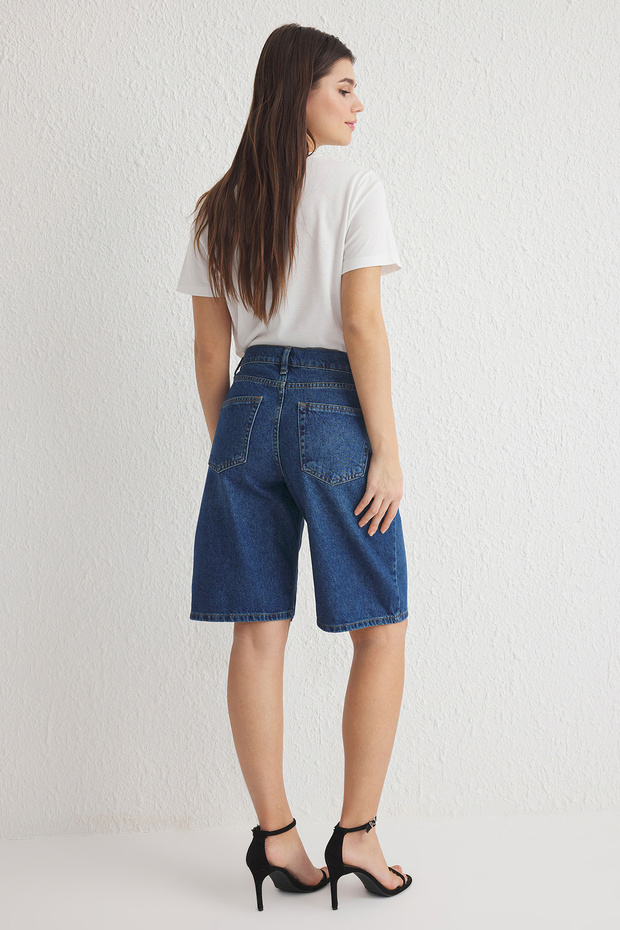 Koyu Mavi Yüksek Bel Denim Bermuda TWOSS25SR00017 - 5