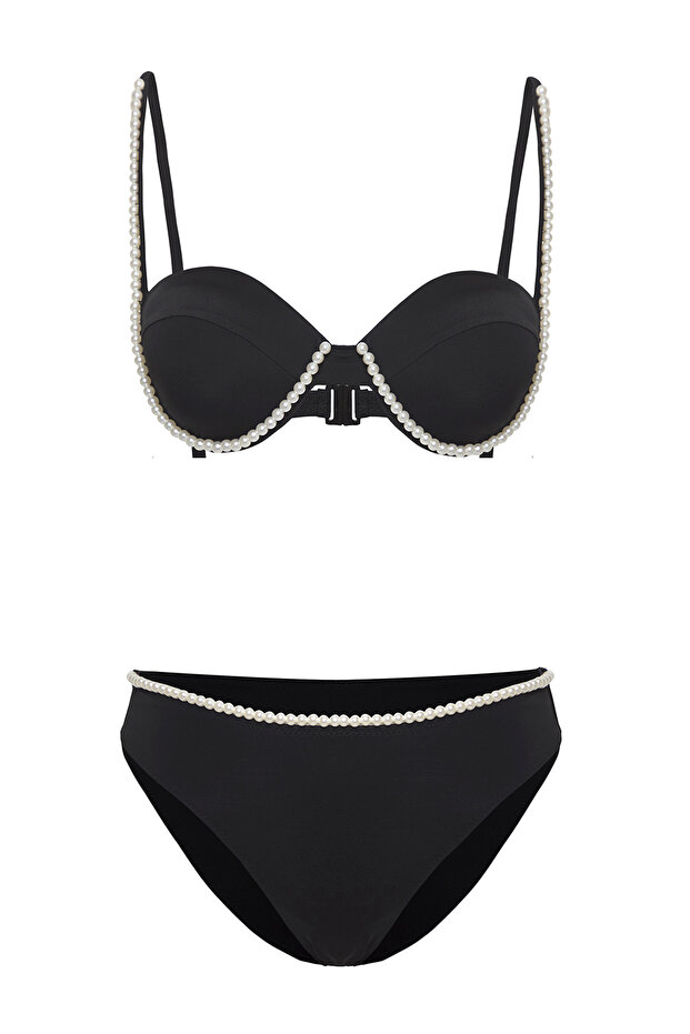 Siyah Aksesuarlı Balconette Kaplı Regular Normal Bel Bikini Takımı TBESS25BT00058 - 5