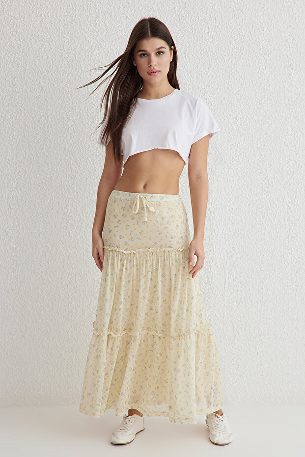 Açık Sarı Tül Çiçek baskılı Maxi Büzgü/Drape Detaylı Esnek Örme Etek TWOSS25ET00064 - 1