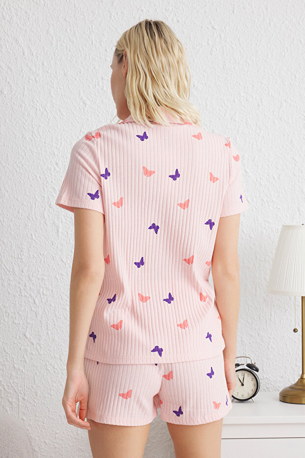 Somon-Çok Renkli Kelebek Desenli Fitilli Şortlu Örme Pijama Takımı THMSS25PT00016 - 5