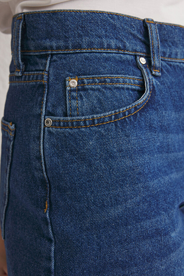 Koyu Mavi Yüksek Bel Denim Bermuda TWOSS25SR00017 - 4