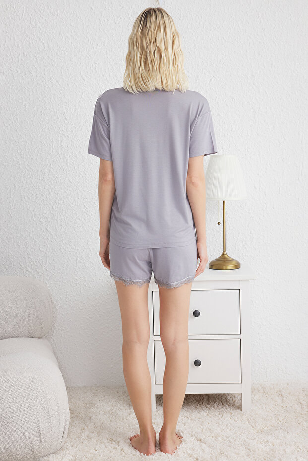 Gri Dantel ve Bağlama Detaylı Şortlu Örme Pijama Takımı THMSS25PT00012 - 6