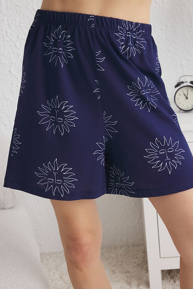 Lacivert %100 Pamuklu Güneş Desenli Şortlu Örme Pijama Takımı THMSS25PT00139 - 6