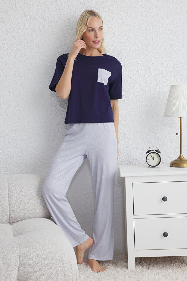 Mavi Yıldız Desenli Cep Detaylı Örme Pijama Takımı THMSS25PT00123 - 1