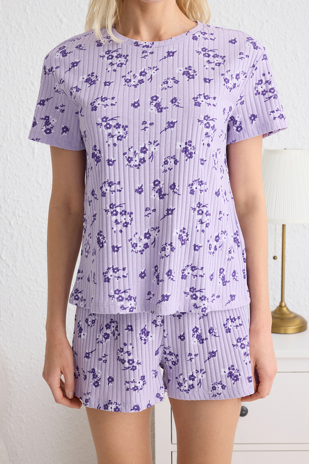 Lila Çiçekli Fitilli T-shirt & Şortlu Örme Pijama Takımı THMSS25PT00015 - 3