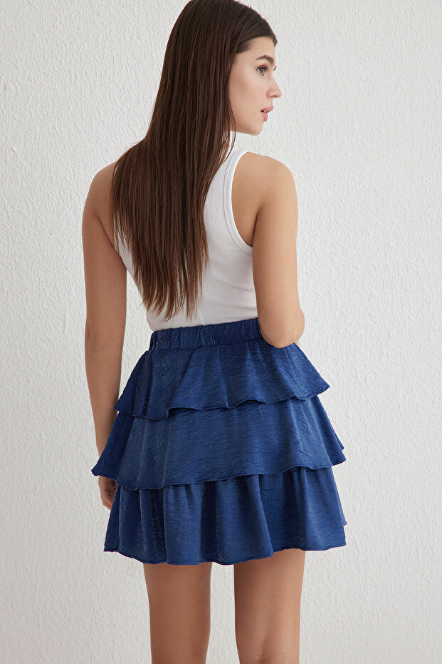 Lacivert Eteği Fırfır Detaylı Beli Lastikli Mini Boy Dokuma Etek TWOSS25ET00047 - 6