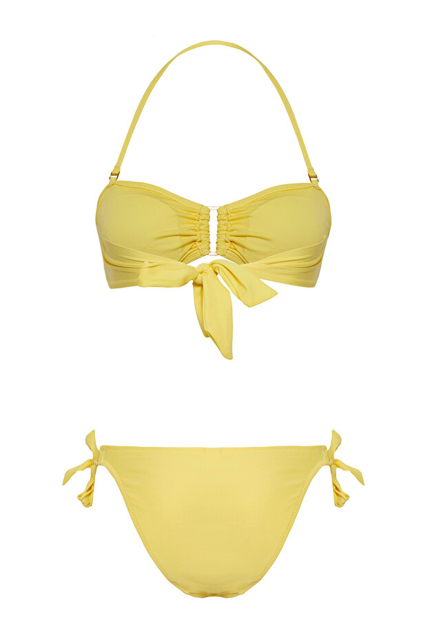 Sarı Fırfırlı Straplez Kaplı Regular Normal Bel Bikini Takımı TBESS25BT00021 - 6