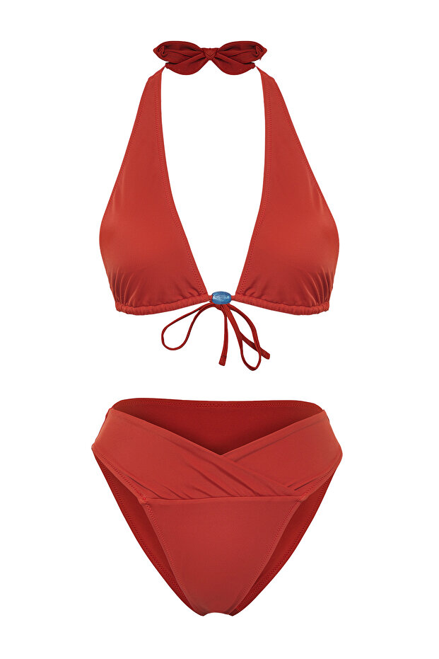 Kiremit Aksesuarlı Üçgen Kaplı Brazilian Normal Bel Bikini Takımı TBESS25BT00023 - 5