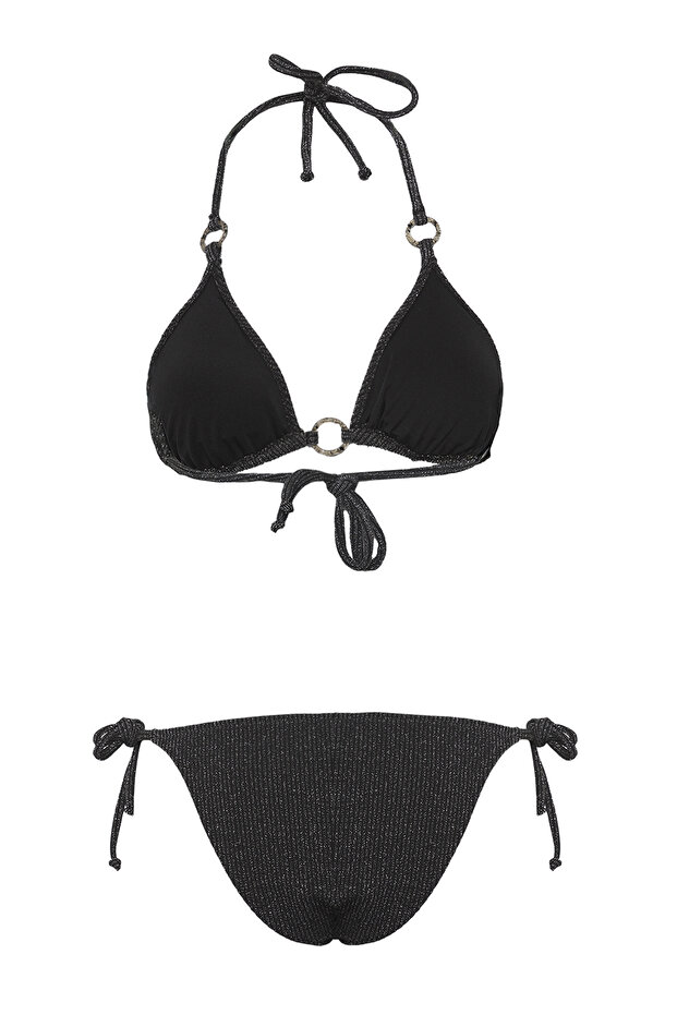 Siyah Üçgen Aksesuarlı Simli Dokulu Brazilian Bikini Takımı TBESS25BT00014 - 6