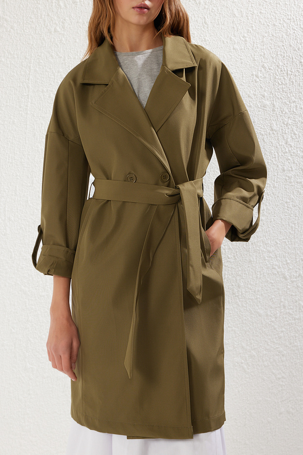 Haki Oversize Kuşaklı Su İtici Uzun Trençkot TWOAW24TR00019 - 3