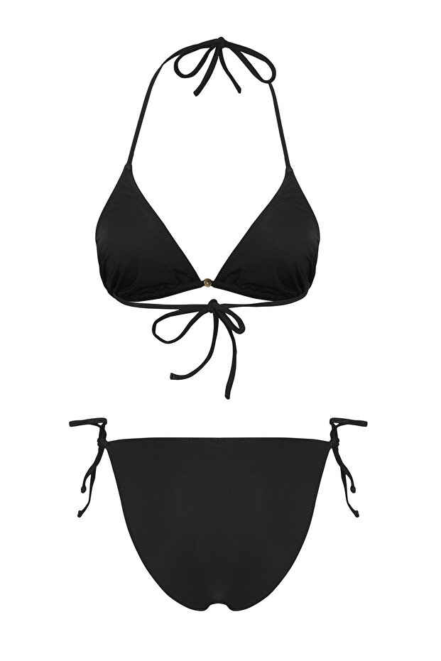Siyah Aksesuarlı Üçgen Kaplı Brazilian Düşük Bel Bikini Takımı TBESS25BT00055 - 6