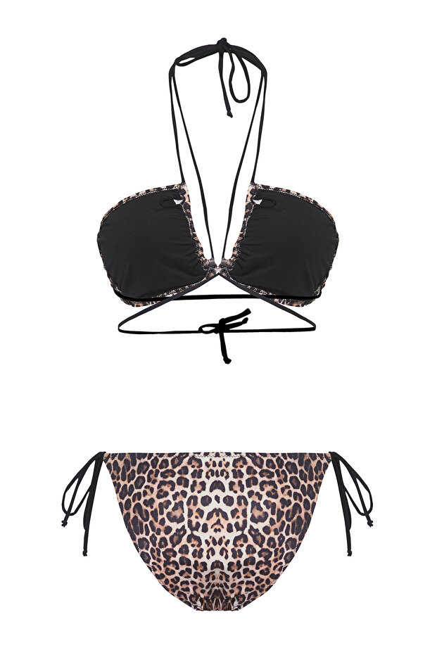 Leopar Desenli Cut Out Detaylı Straplez Kaplı Regular Normal Bel Bikini Takımı TBESS25BT00022 - 7