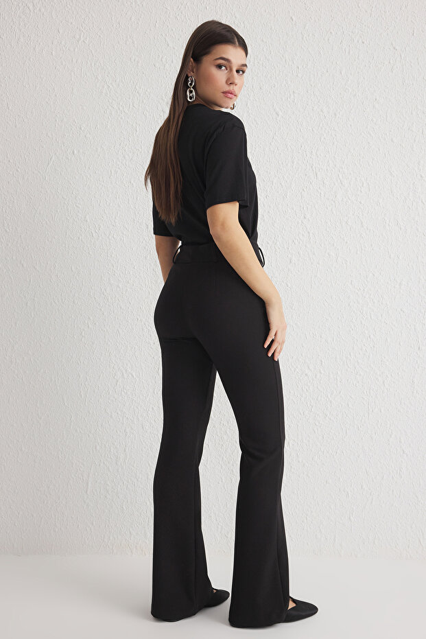 Siyah İspanyol Paça Normal Bel Dokuma Pantolon TWOSS25PL00065 - 6