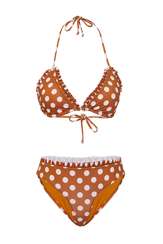 Puantiyeli Fırfırlı Üçgen Kaplı Regular Normal Bel Bikini Takımı TBESS25BT00040 - 5