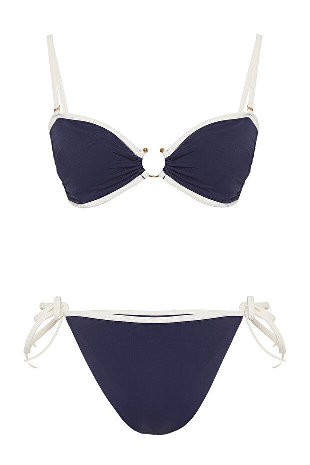 Koyu Lacivert Renk Bloklu Biyeli Straplez Kaplı Brazilian Normal Bel Bikini Takımı TBESS25BT00017 - 5