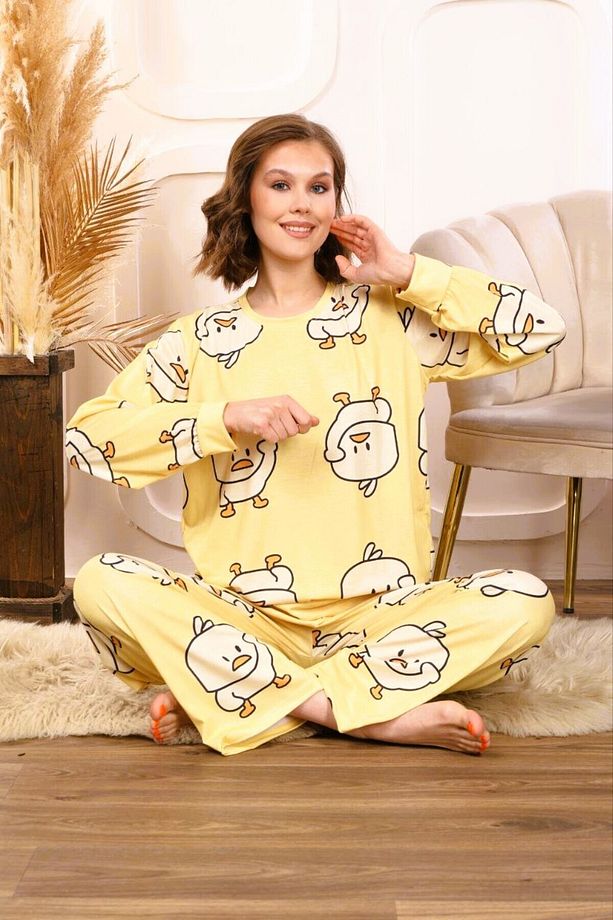 Civciv Desenli Bisiklet Yaka Uzun Kol Kadın Pijama Takımı Civcivli New Check Supersoft - 3