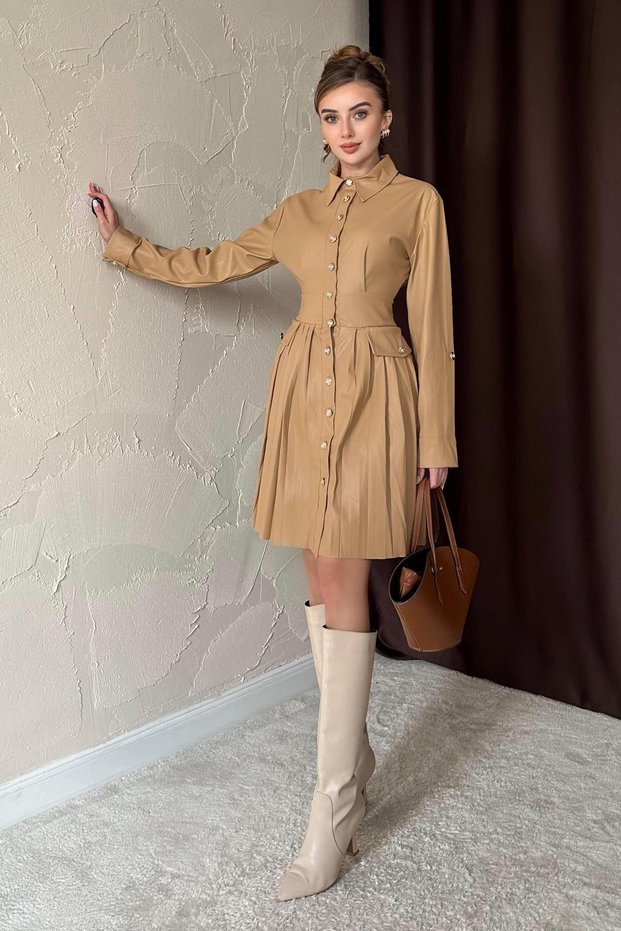 Pleated Leather Dress - Beige