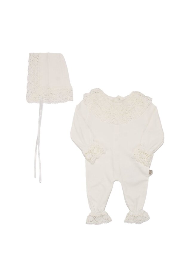 Baby Girl Ecru Scalloped Lace Beret Jumpsuit 0-3 Months