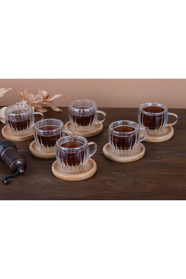 6’lı Bambu Tabaklı Çift Cidarlı Kahve Fincan Takımı Cidarlı Fincan Seti 80 ml 12 Parça - 1