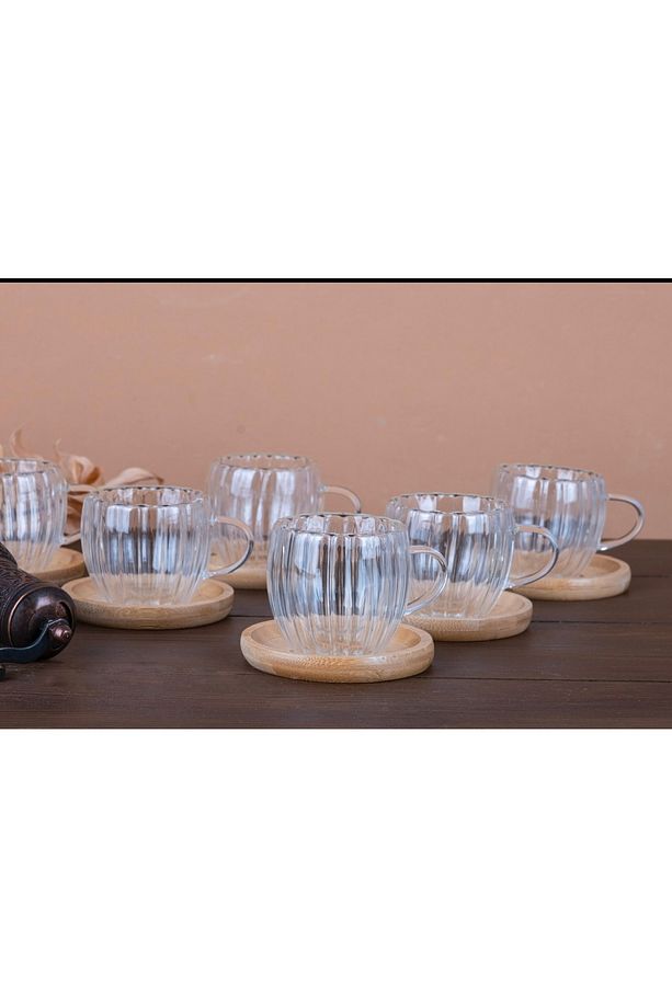 6’lı Bambu Tabaklı Çift Cidarlı Kahve Fincan Takımı Cidarlı Fincan Seti 80 ml 12 Parça - 6