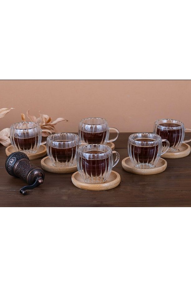 6’lı Bambu Tabaklı Çift Cidarlı Kahve Fincan Takımı Cidarlı Fincan Seti 80 ml 12 Parça - 5