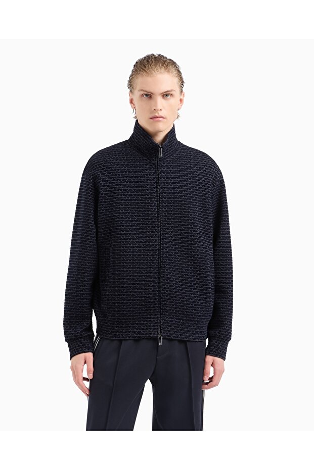Men's Full Zip Jersey Sweatshirt All over Flocked Letters Navy Blue Sweatshirt Em 001697 Af100