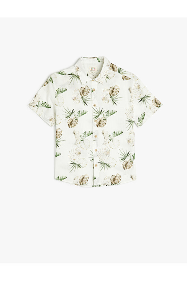 Short Sleeve Cotton Shirt with Print Button Detail