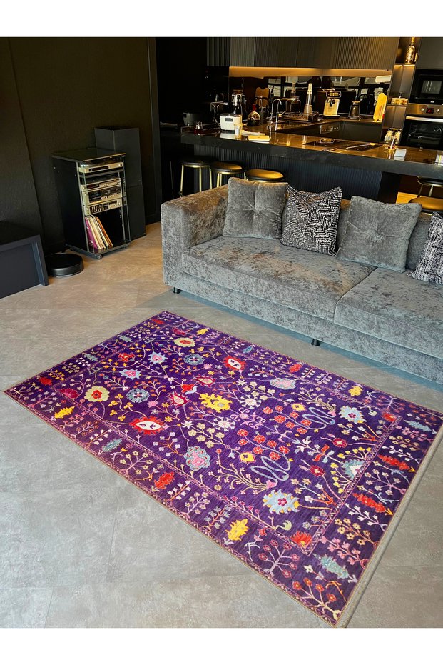 Crescent Collection Purple Themed Multicolored Flowers Detailed Woven Base Decorative Carpet Hilal20