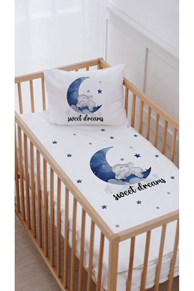 % Cotton Satin Park Bed Crib Duvet Cover Set (70X120) Little Elephant Sleeping on the Moon
