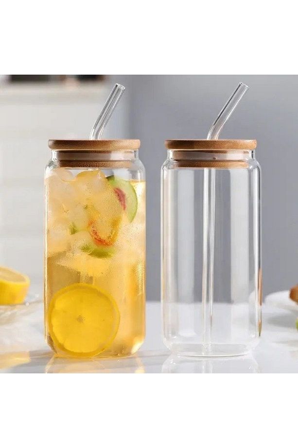 2 Adet Bambu Kapakllı- Pipetli - Borosilikat Cam Bardak- 500 ml +Temizlik Fırçası Pinterest Bardak - 2