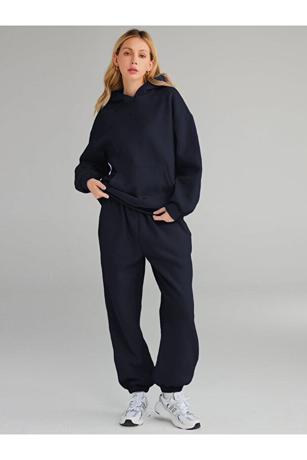 Women's 3-String Raised Oversize Thick Winter Basic Unprinted Tracksuit Set - 2