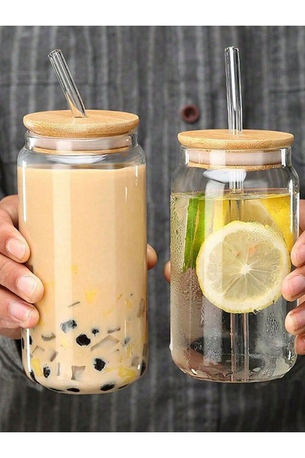 2 Adet Bambu Kapakllı- Pipetli - Borosilikat Cam Bardak- 500 ml +Temizlik Fırçası Pinterest Bardak - 3