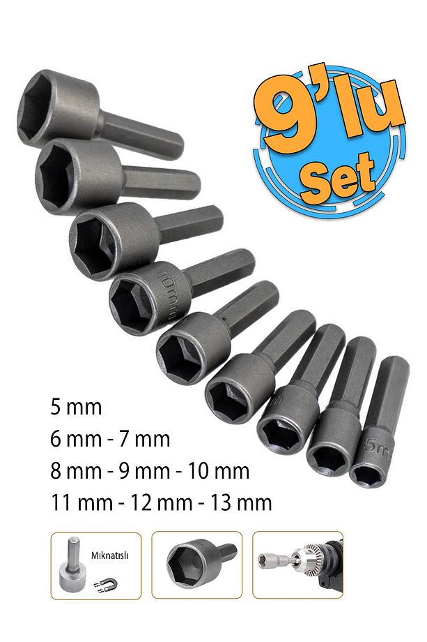 Manyetik Mıknatıslı 5 6 7 8 9 10 11 12 13 mm Somun Civata Adaptör Seti CRV Metal Matkap Uyumlu Uç - 1