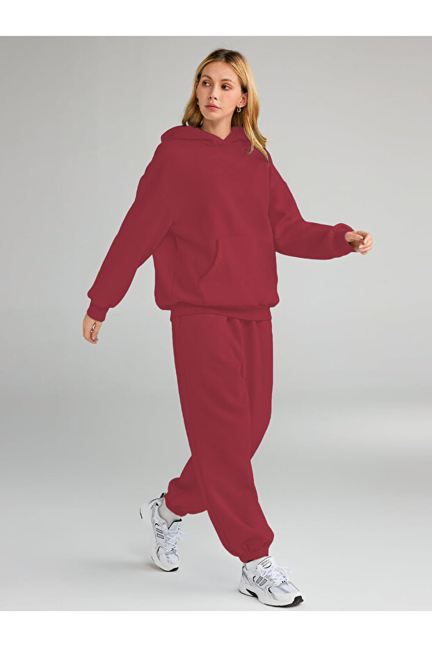 Kadın 3iplik Şardonlu Oversize Kalın Kışlık Basic Baskısız Eşofman Takımı - 1