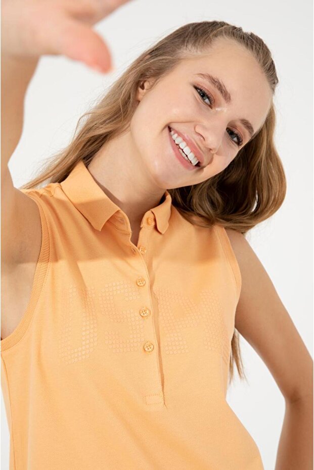 Women's Orange Sleeveless Polo Neck T-Shirt