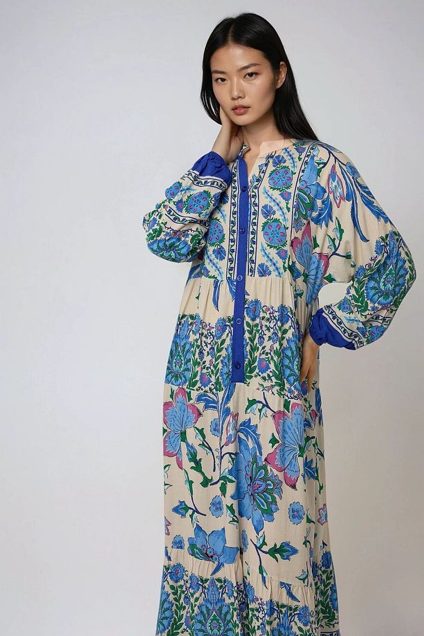 Gömlek Yaka Desenli Maxi Elbise - 3