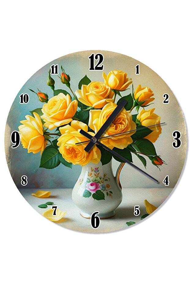 ساعة حائط منقوشة على شكل وردة صفراء في مزهرية - 1