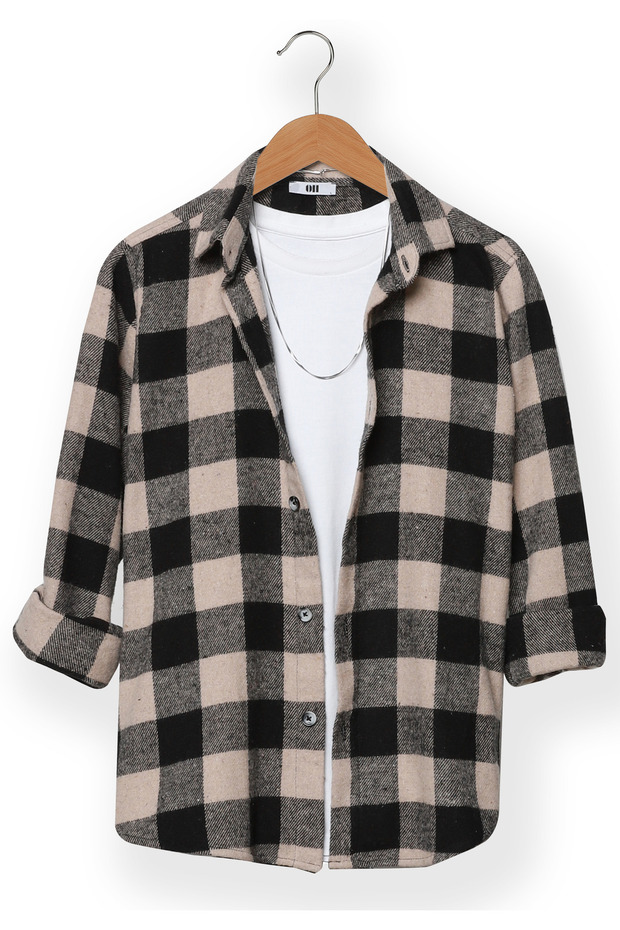 Men's Lumberjack Shirt Slim Fit Tight Fit Beige Plaid Long Sleeve