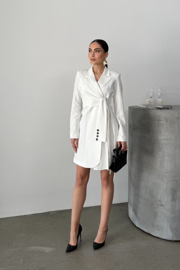 Women's Dress Mini Stylish Long Sleeve Belted Double Breasted Collar Pleated Jacket Dress