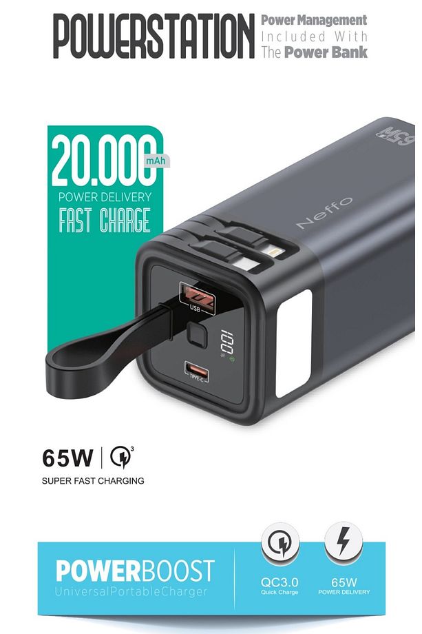 20.000mAh  Hızlı şarj  Powerbank 65W Çift Çıkışlı (USB & Type-C), LED Ekranlı, Powerbank - 3
