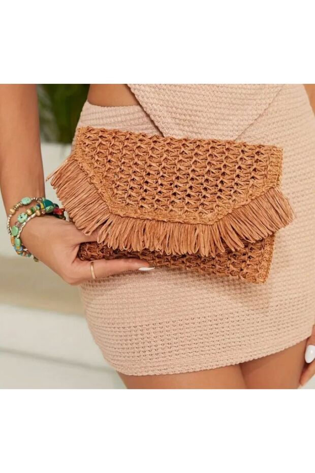 Colorful Tasseled Straw Knit, Handbag, Clutch, Invitation, Casual, Beach